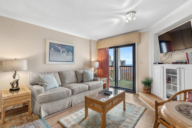 living area featuring a textured ceiling, light wood-type flooring, and ornamental molding