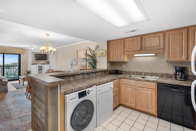 kitchen with visible vents, open floor plan, black dishwasher, a peninsula, and a sink