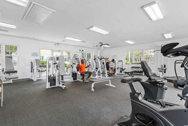 exercise room featuring baseboards, attic access, and a healthy amount of sunlight