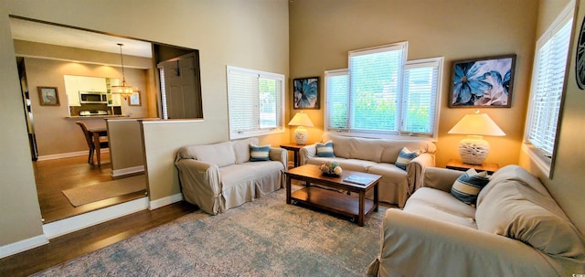 living area with baseboards and wood finished floors