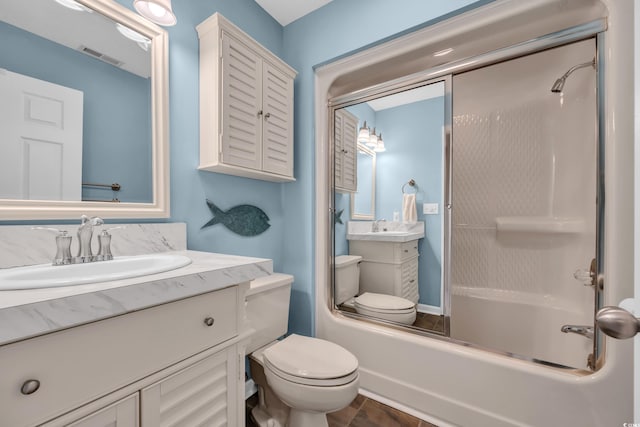 full bathroom with toilet,  shower combination, visible vents, and vanity