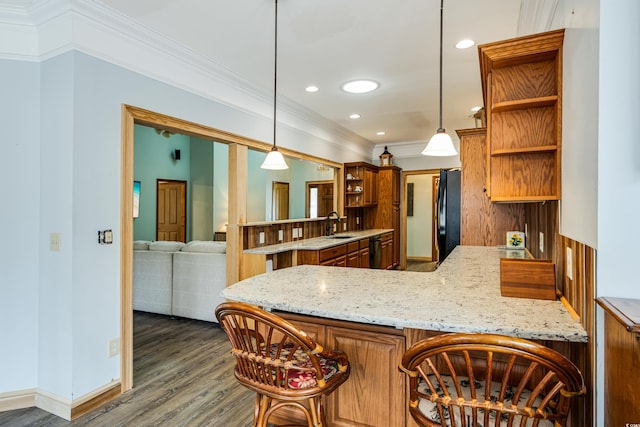 kitchen with ornamental molding, a peninsula, wood finished floors, black appliances, and open shelves