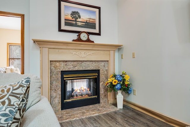 interior details featuring wood finished floors, a fireplace, and baseboards