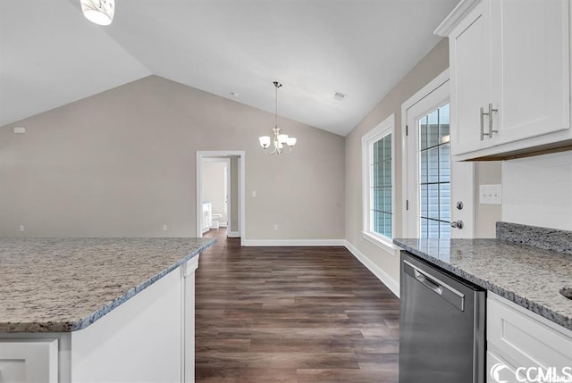 kitchen with visible vents, white cabinetry, dark wood finished floors, lofted ceiling, and stainless steel dishwasher