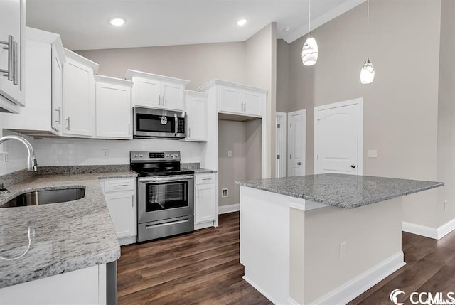 kitchen featuring light stone counters, dark wood-style flooring, a sink, stainless steel appliances, and white cabinetry