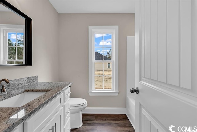 bathroom with vanity, plenty of natural light, wood finished floors, and baseboards