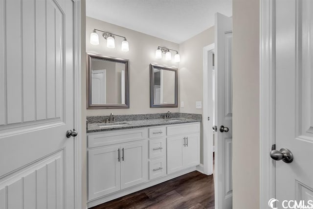 bathroom with double vanity, wood finished floors, and a sink