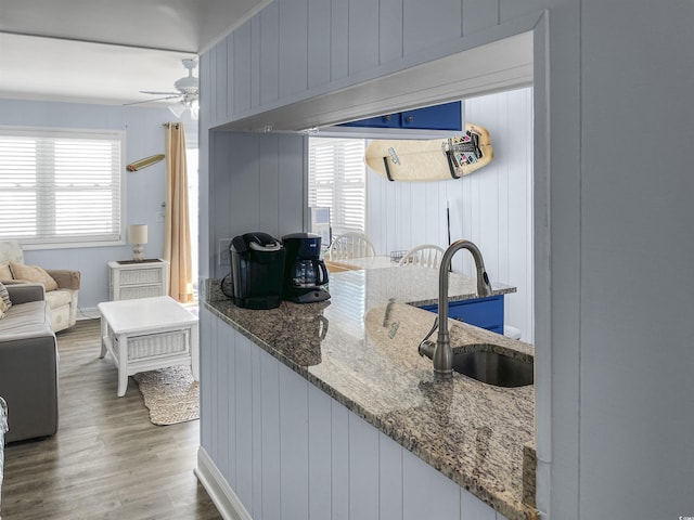 kitchen featuring a sink, stone countertops, wood finished floors, and a ceiling fan