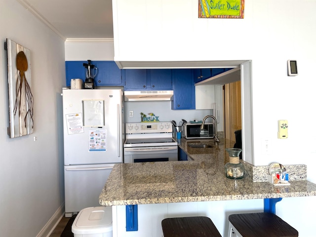 kitchen featuring white appliances, a peninsula, blue cabinetry, a sink, and under cabinet range hood