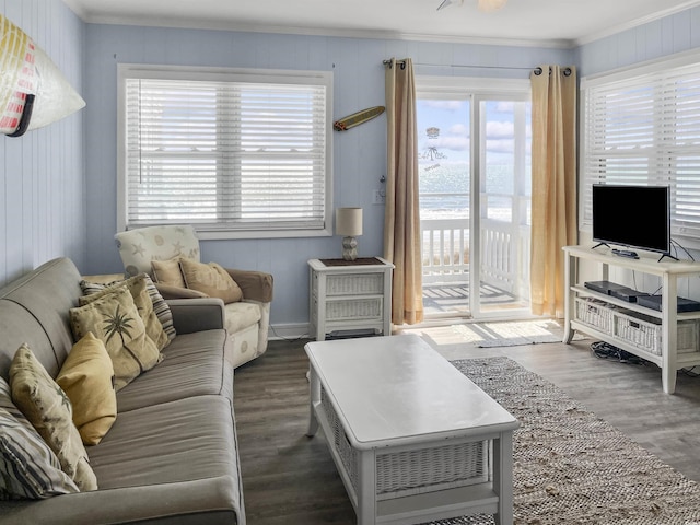 living room with wood finished floors and ornamental molding