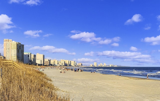 view of water feature featuring a city view and a beach view