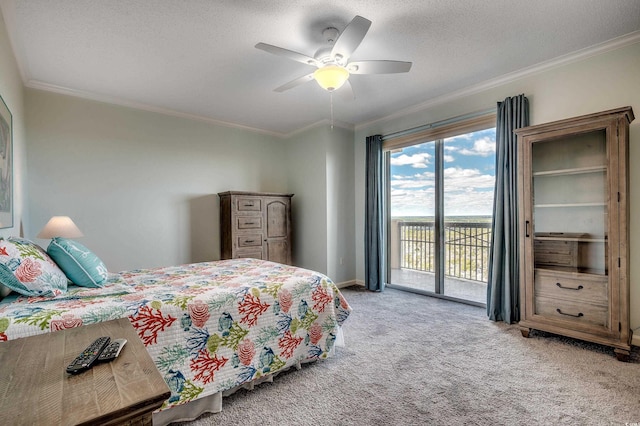 8500 Margate Cir Unit 2808, Myrtle Beach, SC 29572 - bedroom featuring ornamental molding, ceiling fan, light carpet, baseboards, and access to exterior