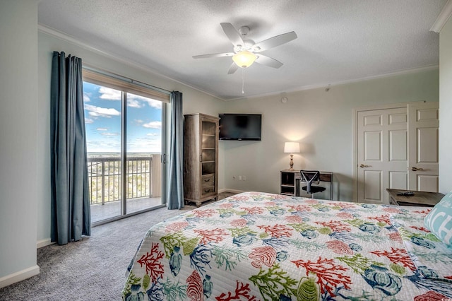 8500 Margate Cir Unit 2808, Myrtle Beach, SC 29572 - carpeted bedroom with a ceiling fan, crown molding, a textured ceiling, baseboards, and access to outside