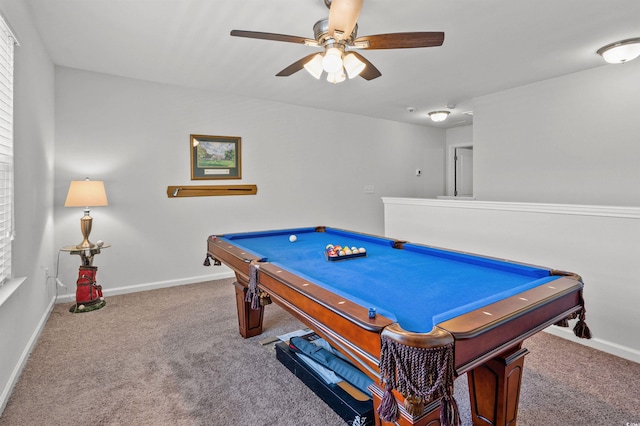 playroom featuring a ceiling fan, billiards, baseboards, and carpet floors