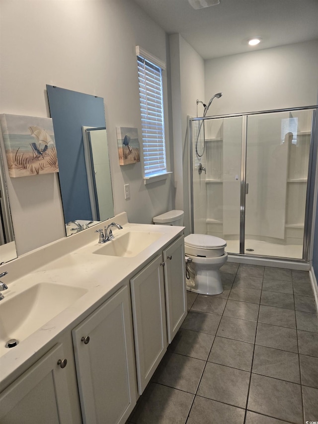 bathroom featuring tile patterned floors, toilet, a stall shower, and a sink