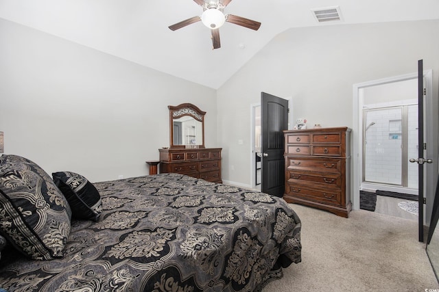 carpeted bedroom with baseboards, visible vents, high vaulted ceiling, and ceiling fan