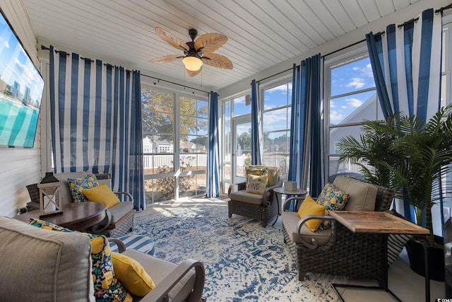 sunroom / solarium featuring wood ceiling and ceiling fan