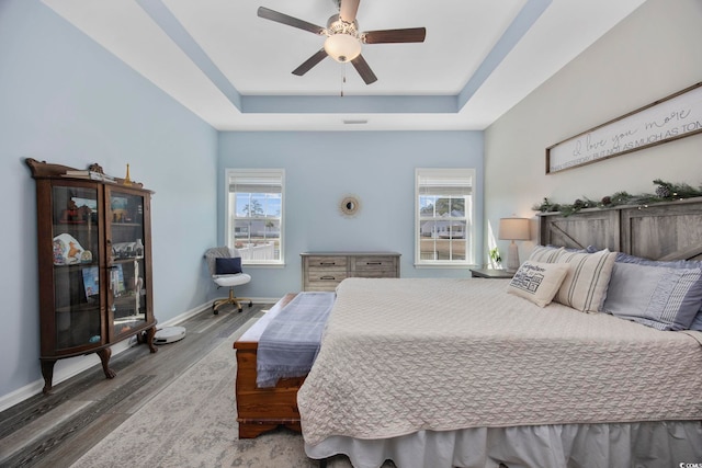 bedroom featuring multiple windows, a raised ceiling, and wood finished floors