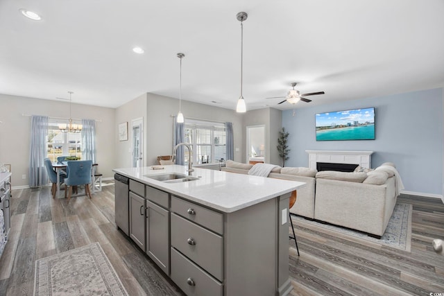 kitchen featuring a sink, gray cabinetry, a fireplace, wood finished floors, and stainless steel dishwasher