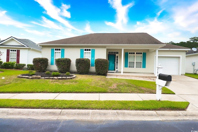 ranch-style house with a garage, covered porch, concrete driveway, and a front yard
