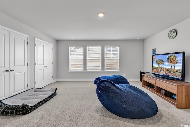 sitting room with light carpet and baseboards