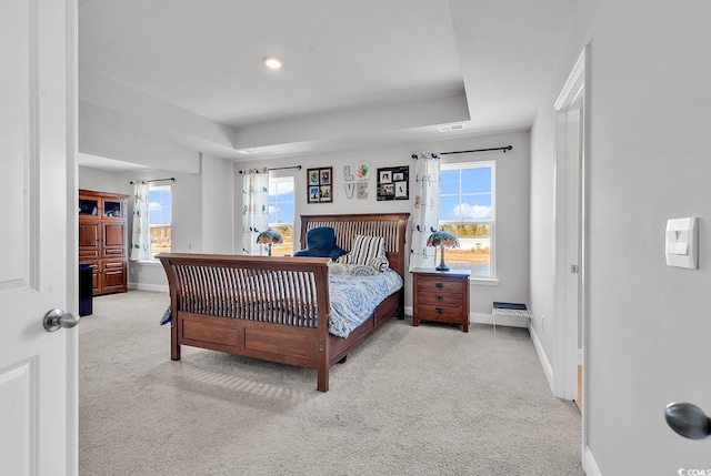 bedroom with a raised ceiling, multiple windows, carpet flooring, and baseboards