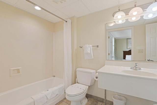 2501 S Ocean Blvd Unit 201, Myrtle Beach, SC 29577 - full bath featuring toilet, tile patterned flooring, shower / bath combination with curtain, a drop ceiling, and vanity