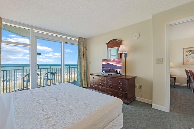 2501 S Ocean Blvd Unit 201, Myrtle Beach, SC 29577 - bedroom featuring access to exterior, dark carpet, baseboards, and a textured ceiling