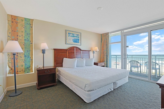 2501 S Ocean Blvd Unit 201, Myrtle Beach, SC 29577 - bedroom featuring access to outside, dark carpet, multiple windows, and a water view