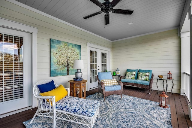 sunroom with french doors, wooden ceiling, and a ceiling fan