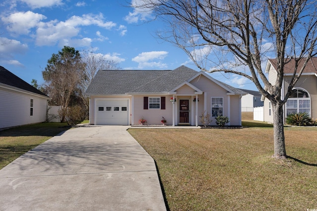 view of front facade with a front yard, concrete driveway, a garage, and roof with shingles