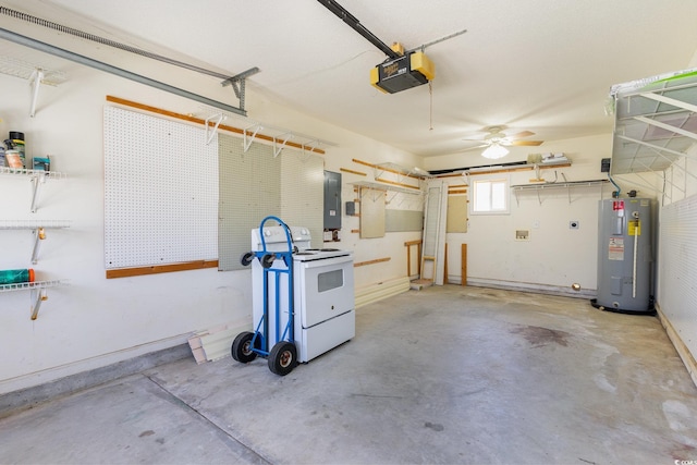 garage with electric panel, baseboards, electric water heater, and a garage door opener