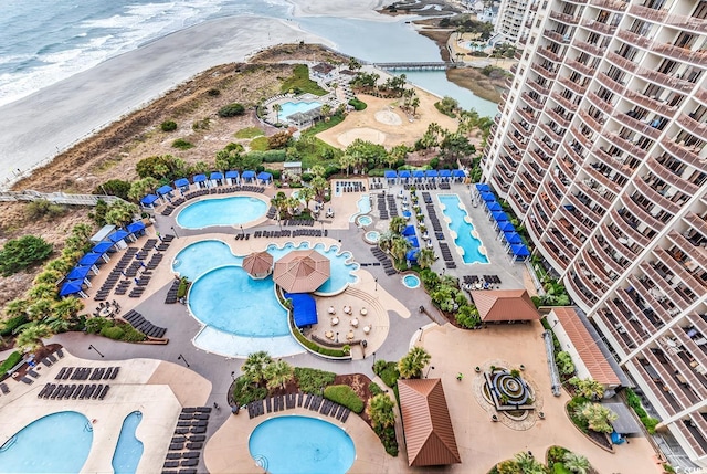birds eye view of property featuring a water view