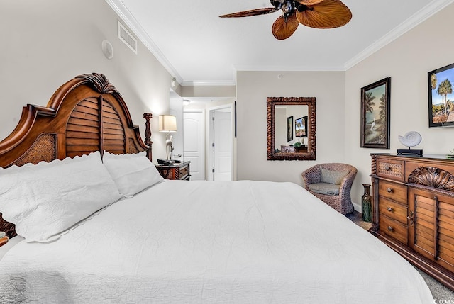 bedroom featuring visible vents, carpet, ornamental molding, and a ceiling fan
