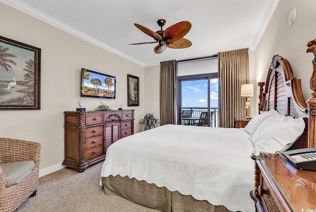 bedroom with crown molding, baseboards, carpet, a ceiling fan, and access to outside