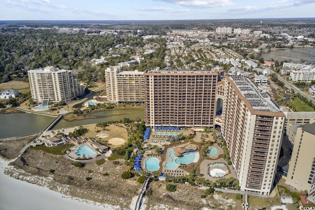 aerial view featuring a water view