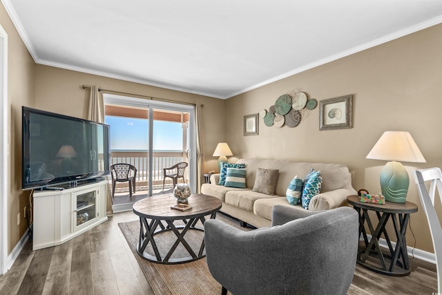 living area featuring baseboards, wood finished floors, and ornamental molding