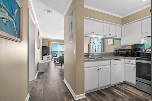 kitchen featuring electric range, white dishwasher, ornamental molding, a sink, and black microwave