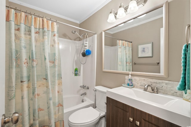 full bath featuring shower / bath combination with curtain, crown molding, toilet, and vanity