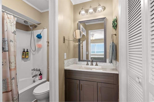 bathroom with vanity, ornamental molding, shower / bath combination with curtain, a closet, and toilet