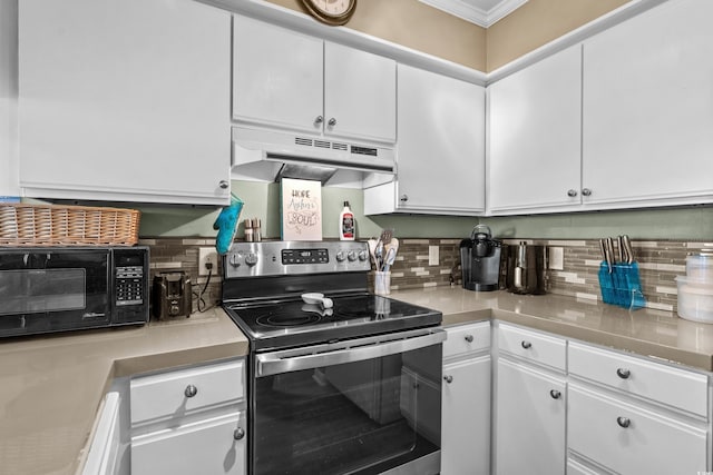 kitchen featuring under cabinet range hood, white cabinetry, tasteful backsplash, and stainless steel range with electric cooktop