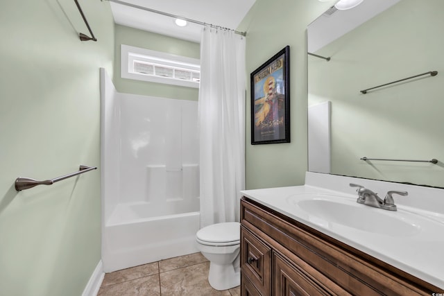 bathroom with tile patterned floors, visible vents, toilet, shower / tub combo with curtain, and vanity