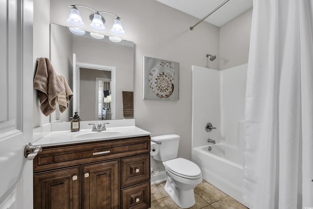 full bathroom with shower / bathtub combination with curtain, toilet, vanity, and tile patterned flooring