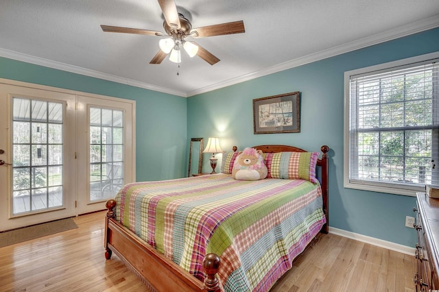 bedroom featuring access to exterior, baseboards, ornamental molding, and light wood finished floors