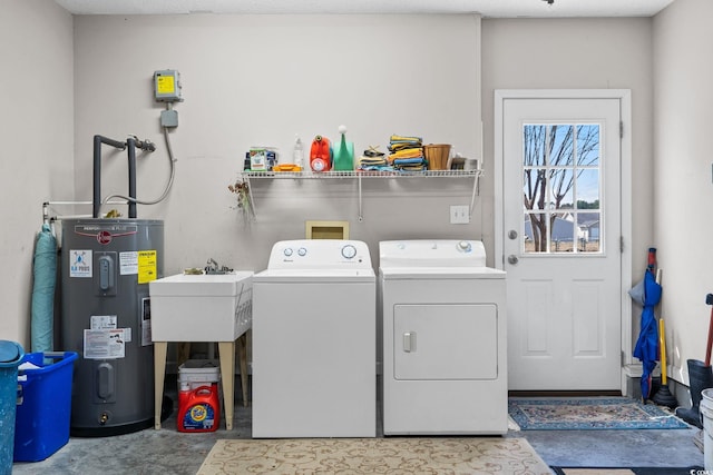 2029 Hawksmoor Dr, Conway, SC 29526 - washroom featuring laundry area, washing machine and clothes dryer, a sink, and electric water heater