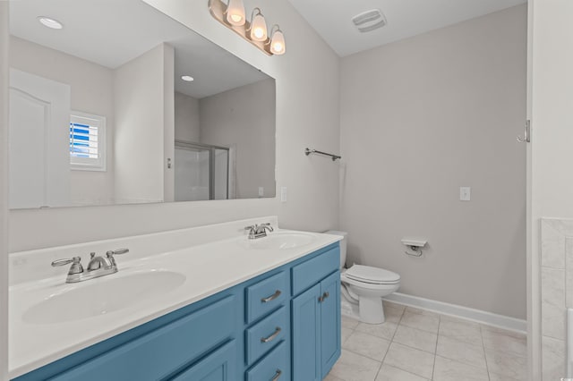 full bathroom featuring double vanity, a stall shower, visible vents, and a sink