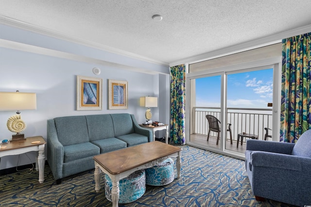 2201 S Ocean Blvd Unit 1707, Myrtle Beach, SC 29577 - carpeted living room featuring a textured ceiling and ornamental molding