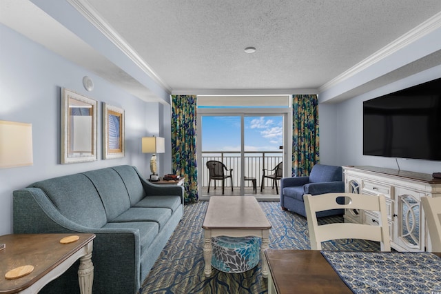 2201 S Ocean Blvd Unit 1707, Myrtle Beach, SC 29577 - living area featuring crown molding and a textured ceiling