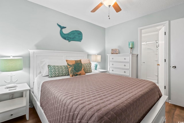 bedroom with ceiling fan and wood finished floors