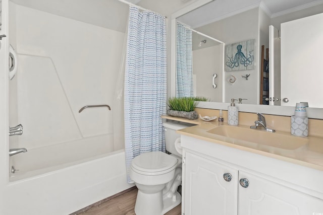 full bathroom with shower / bathtub combination with curtain, wood finished floors, toilet, vanity, and crown molding